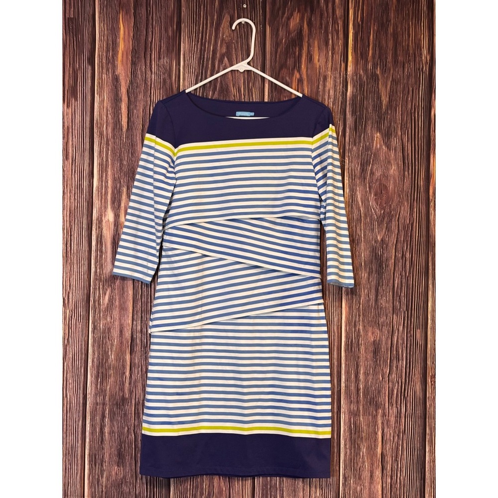 J McLaughlin Dress Womens Medium Navy Blue Striped Catalina Cloth Sheath Preppy